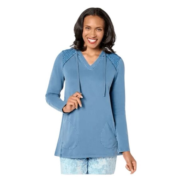 LOGO Life Lori Goldstein Pintuck Trim Hoodie Sweatshirt Steel Blue French Terry - Picture 1 of 10